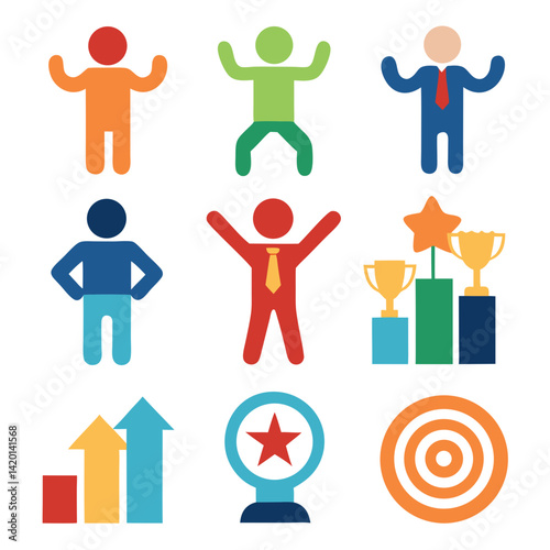 Celebrating Success: Colorful icons depict achievement, growth, and triumphant figures, showcasing upward trending graphs and awards in a vibrant, flat design style.