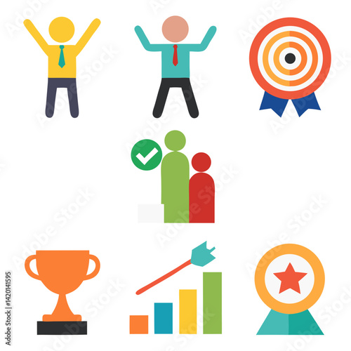 Celebrating Success: Joyful figures achieving goals, teamwork, and upward growth shown through vibrant flat icons.