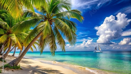 Idyllic tropical beach scene with lush palm trees and a sailboat on a calm turquoise ocean under a vibrant blue sky with fluffy white clouds