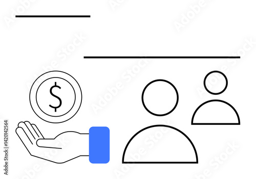 Hand holding coin with dollar sign next to two user icons. Ideal for finance, payment, user interaction, team management, business concepts, customer service, simple landing page