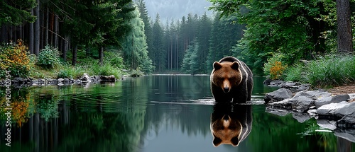 Bear by Calm Forest Lake photo