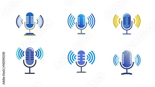 Podcast line icon design showing a classic microphone with sound wave rings on either side, minimal and balanced design