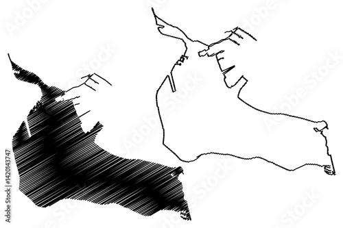 Port island (Gdansk Bay, Republic of Poland) map vector illustration, scribble sketch Port map