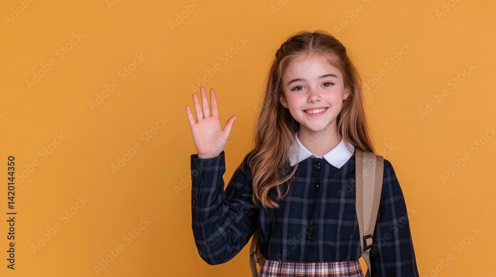 Smiling girl waving, ready for school Smiling girl waving, ready for school