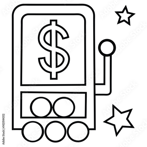 Slot Machine Outline with Dollar Sign, Handle, Spinning Circles, and Stars Around