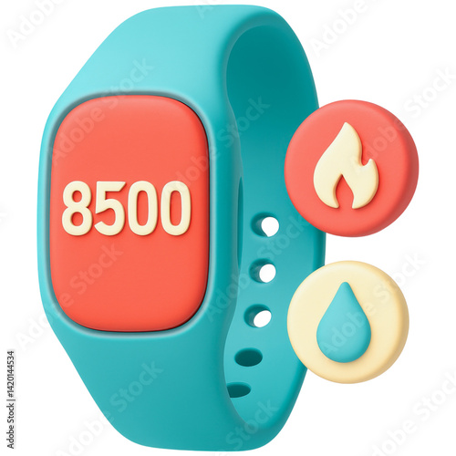 vibrant fitness tracker displays 8500 steps with icons for calories and hydration, emphasizing health and activity