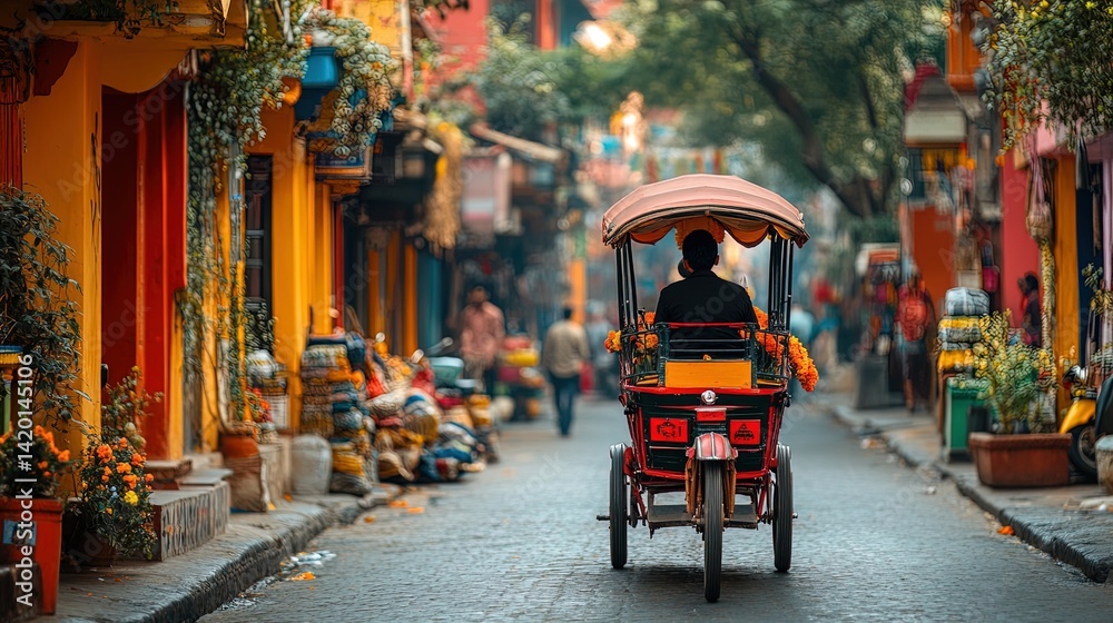 Naklejka premium Colorful Rickshaw Ride in Indian Street