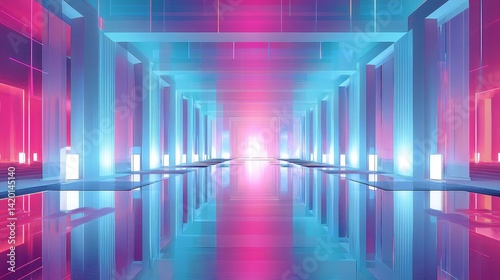 Vibrant pink and blue neon lights illuminate a futuristic corridor neon