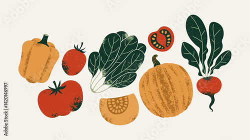 Various vegetables. Pumpkin with pepper and spinach with radish and tomato. 