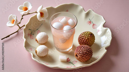 Lychee Juice with Lychees - A clear glass of lychee juice with floating lychee pulp, next to peeled and unpeeled lychees on a delicate ceramic plate, with a soft, pastel background.