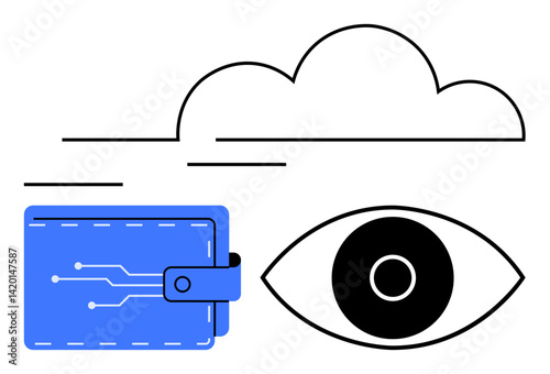 Wallet with circuit, stylized cloud, and single eye design showing digital security, privacy, and technology. Ideal for fintech, cybersecurity, cloud services, digital economy smart devices