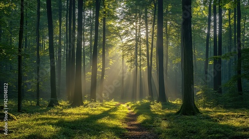 Morning in the forest with soft light filtering through the trees.