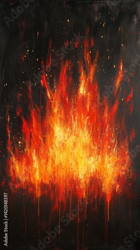 A vibrant painting of raging flames  painted on a dark background