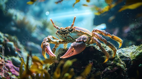 A decorator crab in its natural underwater habitat, camouflaged with seaweed and coral.