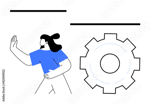 Female figure raising hand beside a large gear, symbolizing process interruption or control. Ideal for workflow optimization, automation, innovation, collaboration, teamwork, operations, simple