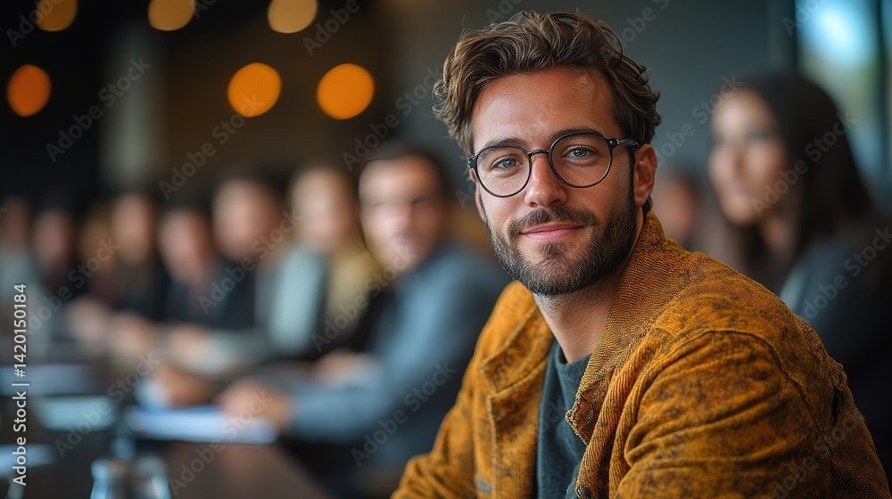 Fototapeta premium Man wearing glasses smiles in a meeting with other people in background.