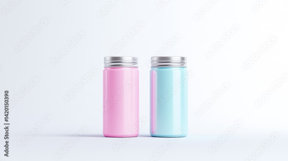 Two small, cylindrical bottles, one pink, one light blue, with metallic caps, sit side-by-side on a plain white background. They appear to be cosmetic containers Two small, cylindrical bottles, one pink, one light blue, with metallic caps, sit side-by-side on a plain white background. They appear to be cosmetic containers