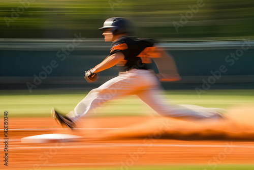 Baseball player running towards base motion blur action athletic competition sport outdoors.