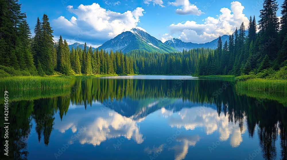 Mountain reflection on a serene lake surrounded by lush forest and a cloud-speckled sky, creating a calm scene Mountain reflection on a serene lake surrounded by lush forest and a cloud-speckled sky, creating a calm scene