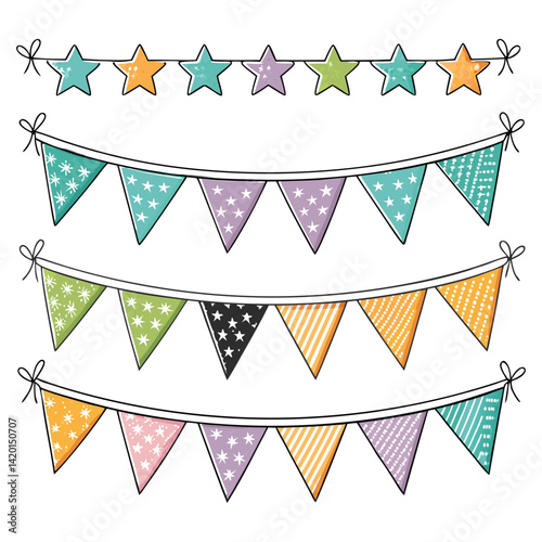 Cheerful Hand-Drawn Bunting and Star Banner Set for Festive Celebrations