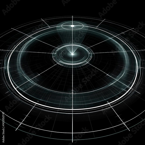 Futuristic Abstract Radar Screen Display with Circular Elements and Gridlines on Dark Background.