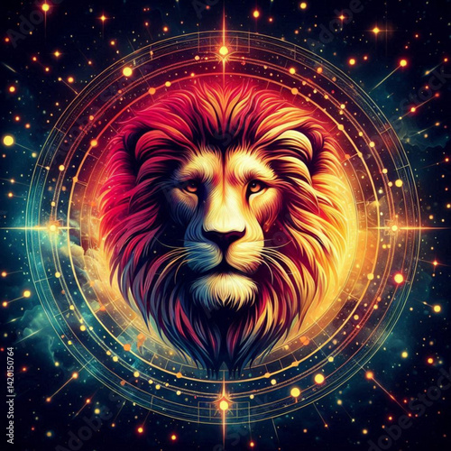 Colorful Lion Illustration with Cosmic Background  