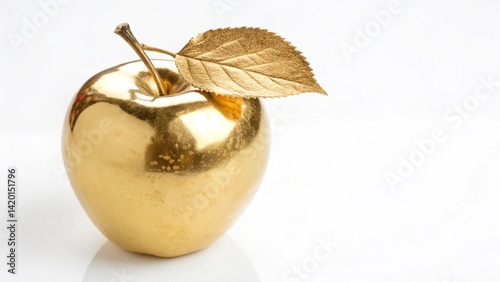 A shiny golden apple with a golden leaf on a white surface in a studio setting close up shot created with generated ai