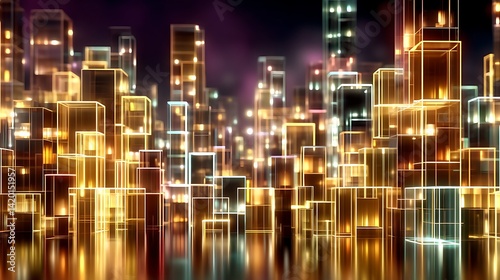 Futuristic Cityscape Glowing at Night Digital Art Style with Abstract Architecture and Colorful Hues.