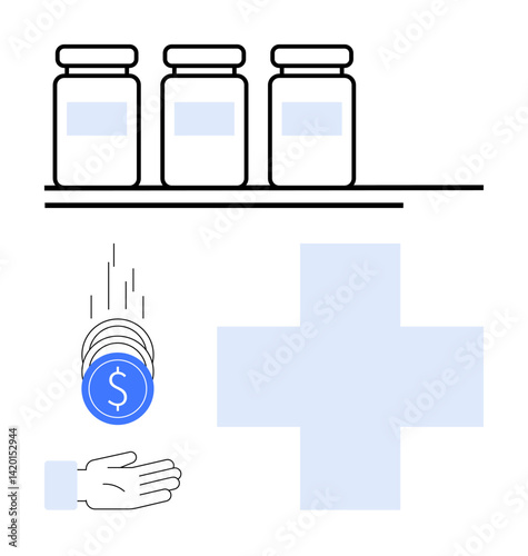 Medicine jars on a shelf, blue healthcare cross, coins dropping into hand. Ideal for healthcare, pharmacy, medical aid, financial support, health insurance, medication cost simple landing page