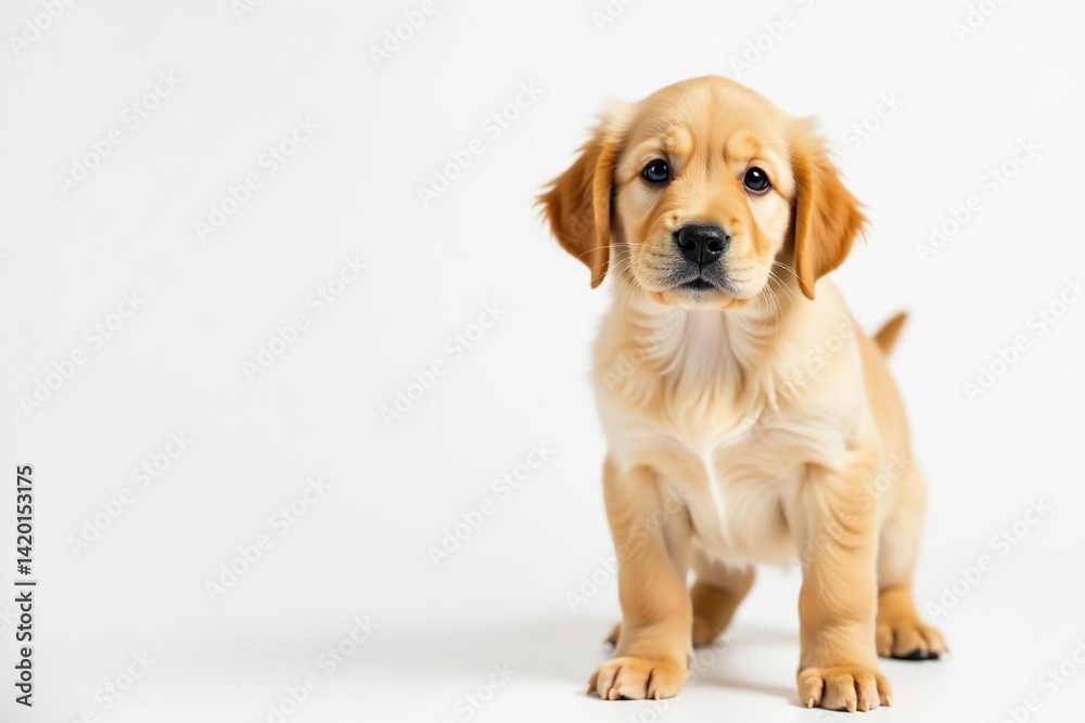 Fototapeta premium Golden Retriever puppy stands against white backdrop, playful, white