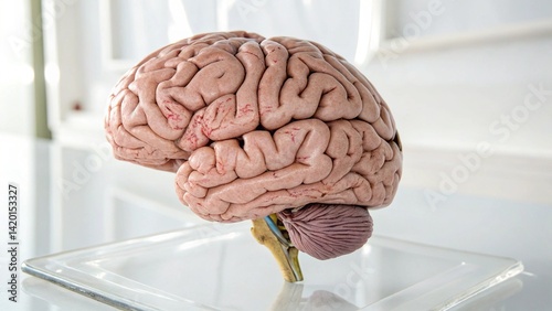 Anatomical model of the human brain displayed on a clear stand in a brightly lit environment created with generated ai