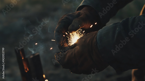 Construction worker using a welding torch on metal at a job site. Featuring skill and precision