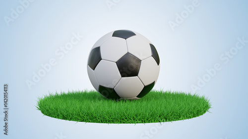 Soccer ball on green grass on soft blue background. A classic football on the ground. Football ball on green grass. 3d rendering.