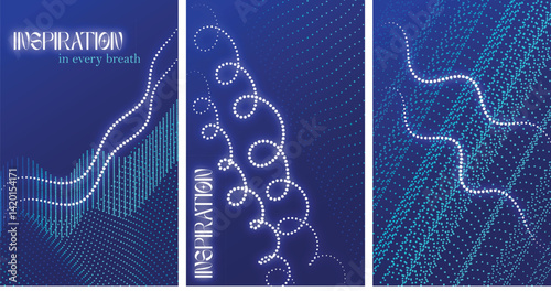 Abstract line wave poster background vector set. Minimalist cover template with vibrant perspective line wave in motion. Ideal design for social media, cover, banner, flyer, music, ads.