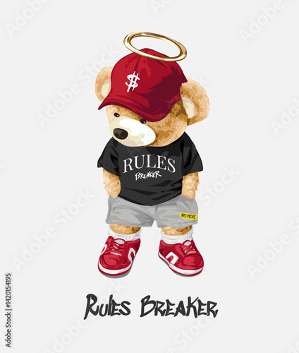 rules breaker slogan with cool bear doll in street fashion vector illustration created by hand drawn