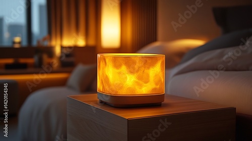 Ambient Mood Lighting: A Serene Nightstand Lamp Illuminates a Modern Bedroom