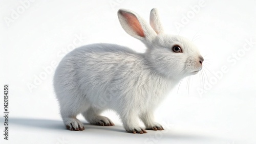 A fluffy white rabbit standing on a white surface looking to the right in a studio setting created with generated ai