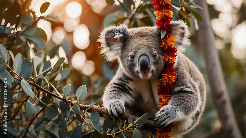 Fototapeta premium Koala Sitting on Branch with Flowers Surrounded by Eucalyptus Leaves