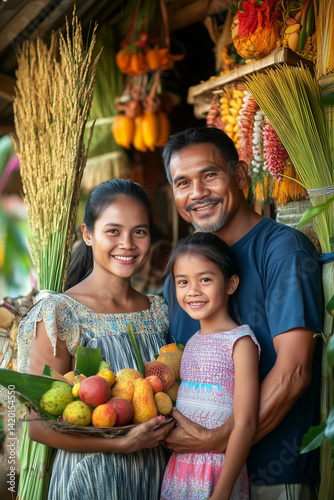 Celebration of Pahiyas Festival with traditional Filipino family standing in front of a house adorned with rice stalks, fruits, vegetables, and crafts. Lush greenery in the background
