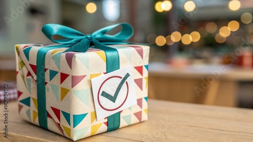 A wrapped gift with a teal ribbon and a check mark tag on a wooden surface with blurred lights behind created with generated ai
