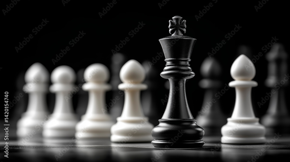 Black king chess piece standing in front of white pawns on a chessboard Black king chess piece standing in front of white pawns on a chessboard