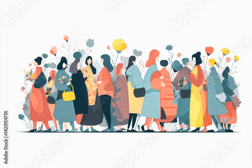 A group of women are walking down a street, some carrying handbags