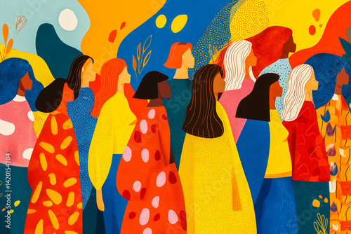 A group of women are walking together in a colorful line