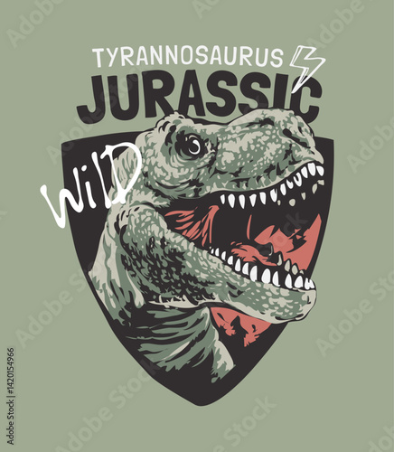 typography slogan with tyrannosaurus badge vector illustration 