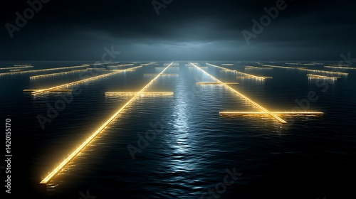 Futuristic Urban Seascape at Night Illuminating Water with Geometric Patterns and Reflection.