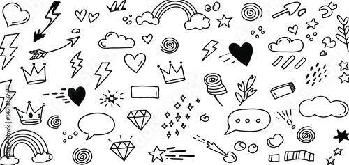 Sketch line arrow element, star, heart shape. Hand drawn doodle sketch style circle, cloud speech bubble grunge element set. 