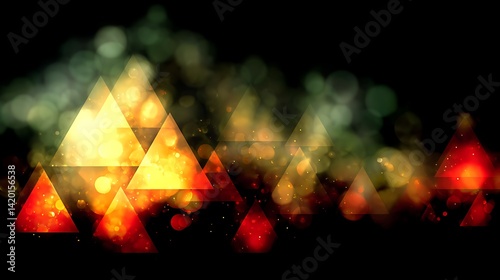 Geometric Abstract Triangle Cascade with Bokeh Light Effects on Dark Background Decorative Element.