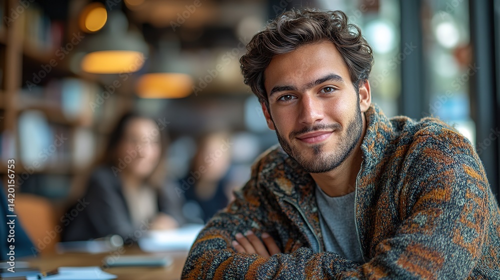 Obraz premium Young man smiling indoors with blurred people in the background.