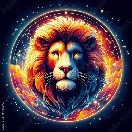 Colorful Lion Illustration with Cosmic Background  