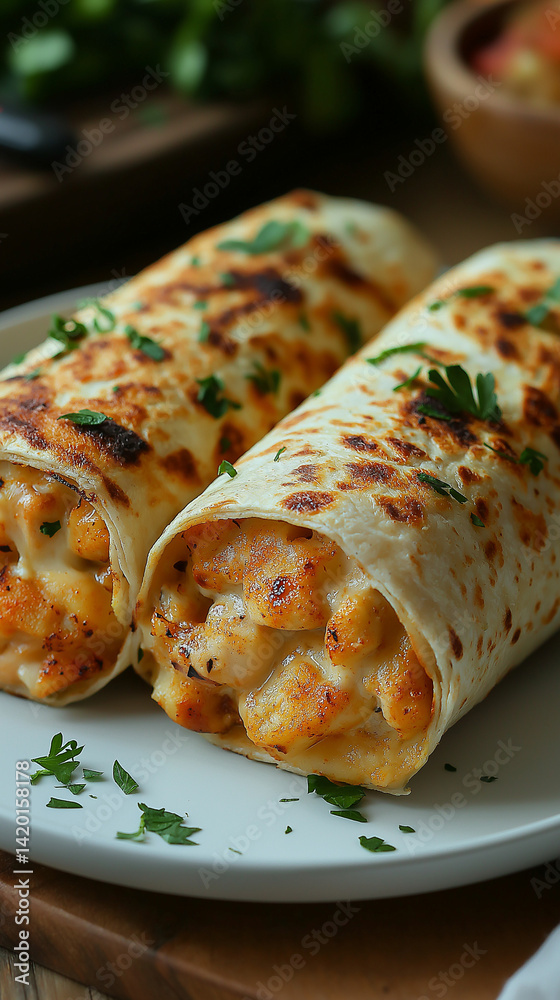 Two delicious cheesy wraps with chicken, garnished with herbs, on a white plate.